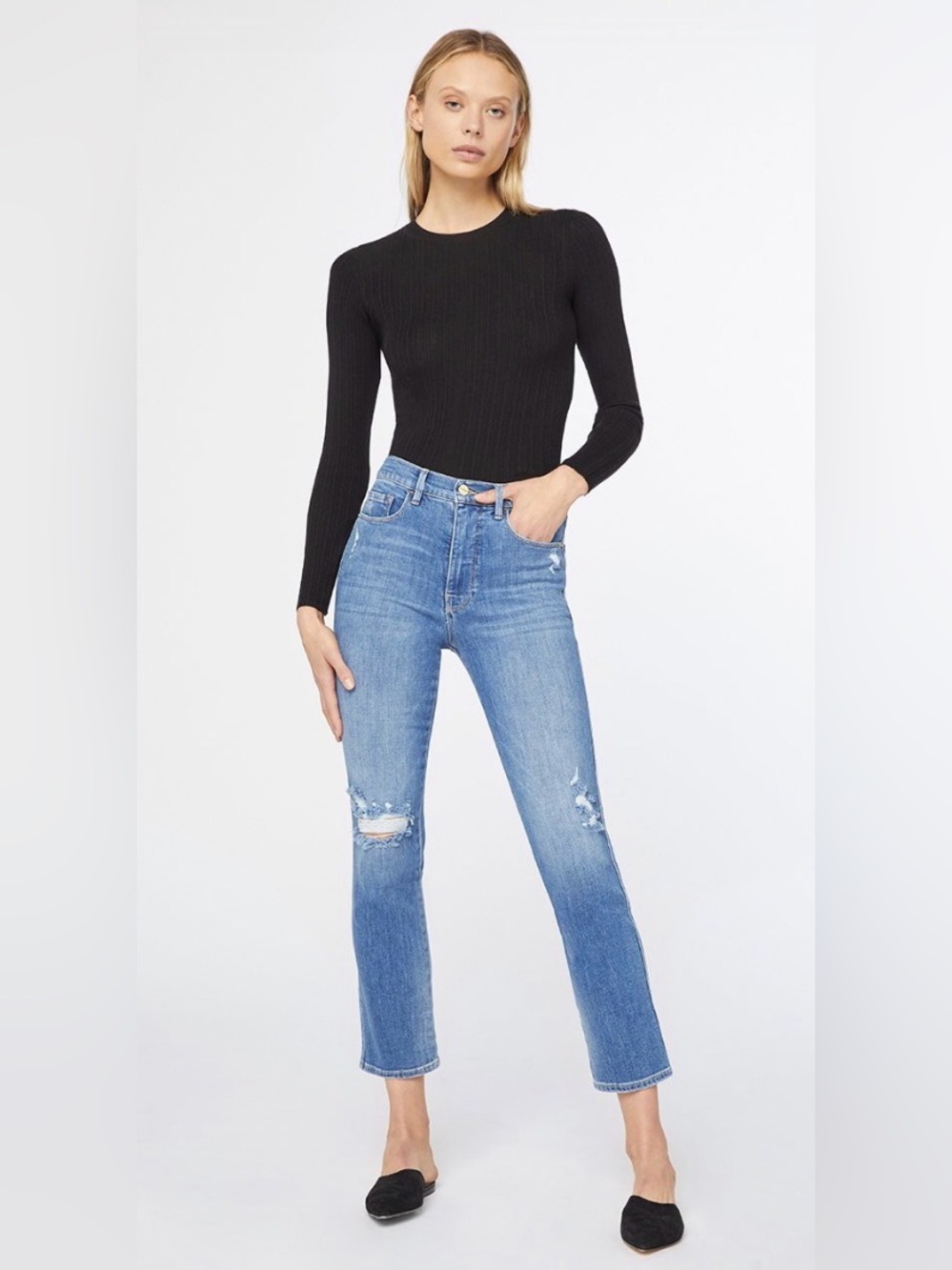Frame Denim High-Rise Straight Leg Jeans in Light-Mid Blue (Stretchy) Size 28